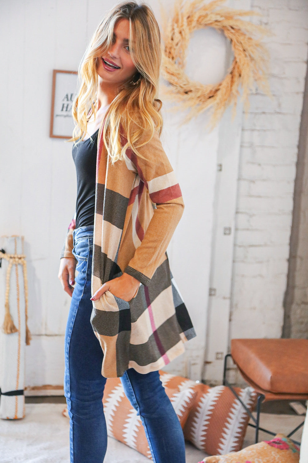 Camel Plaid Hacci Pocketed Open Cardigan