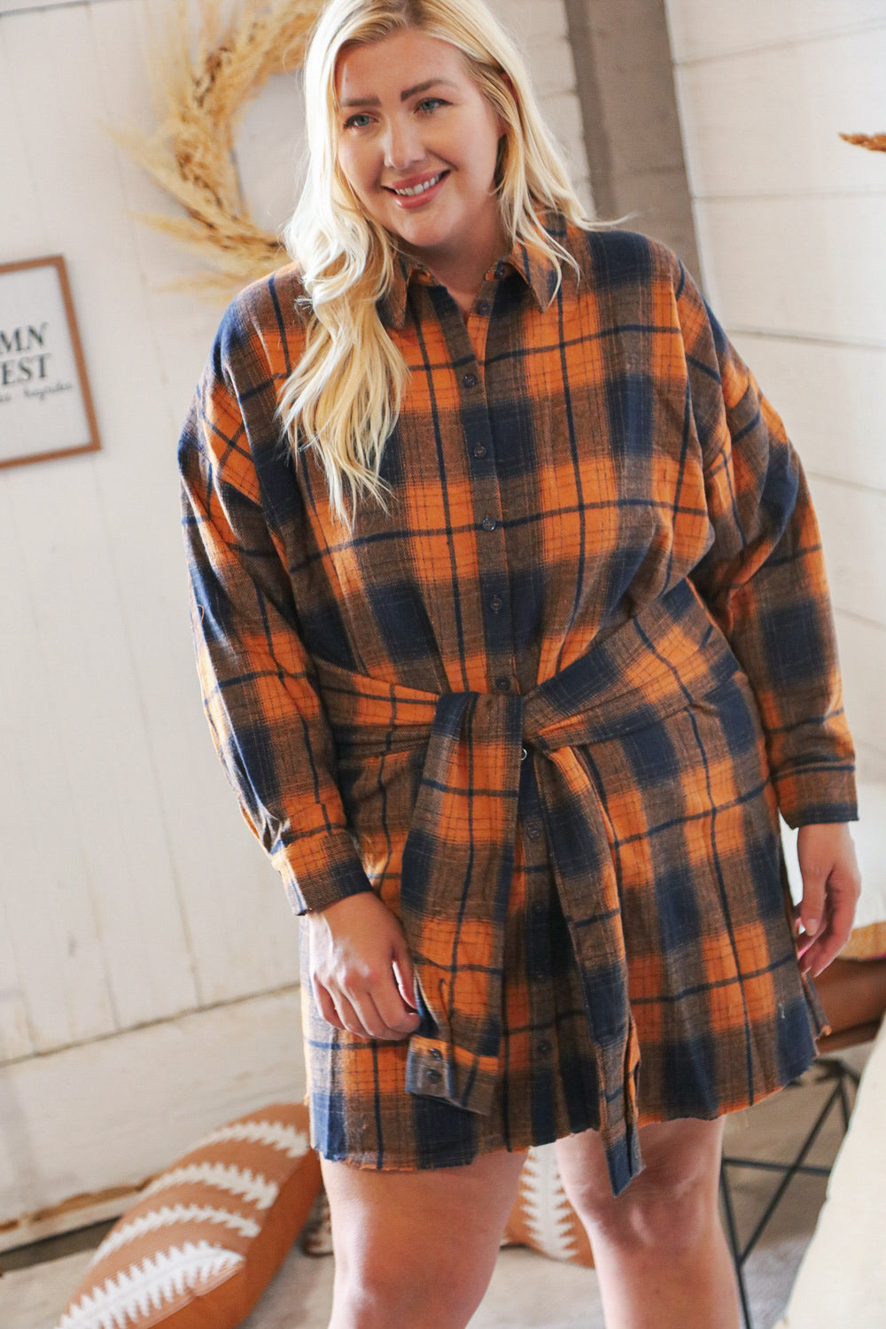 Navy/Rust Plaid Cotton Flannel Button Down Waist Tie Dress