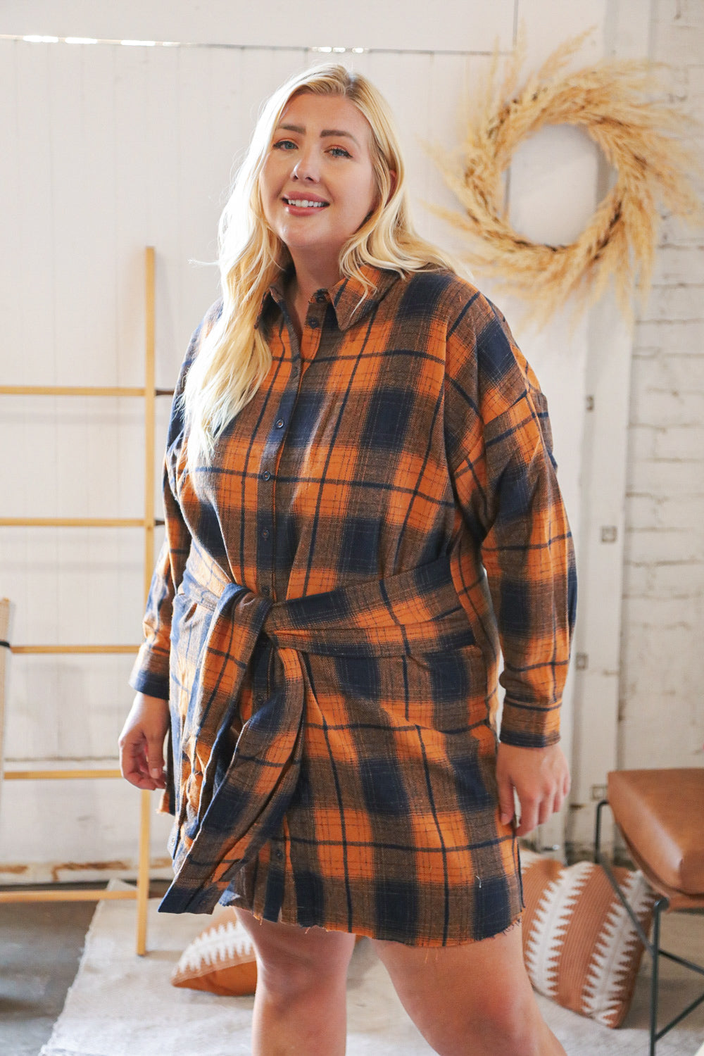 Navy/Rust Plaid Cotton Flannel Button Down Waist Tie Dress