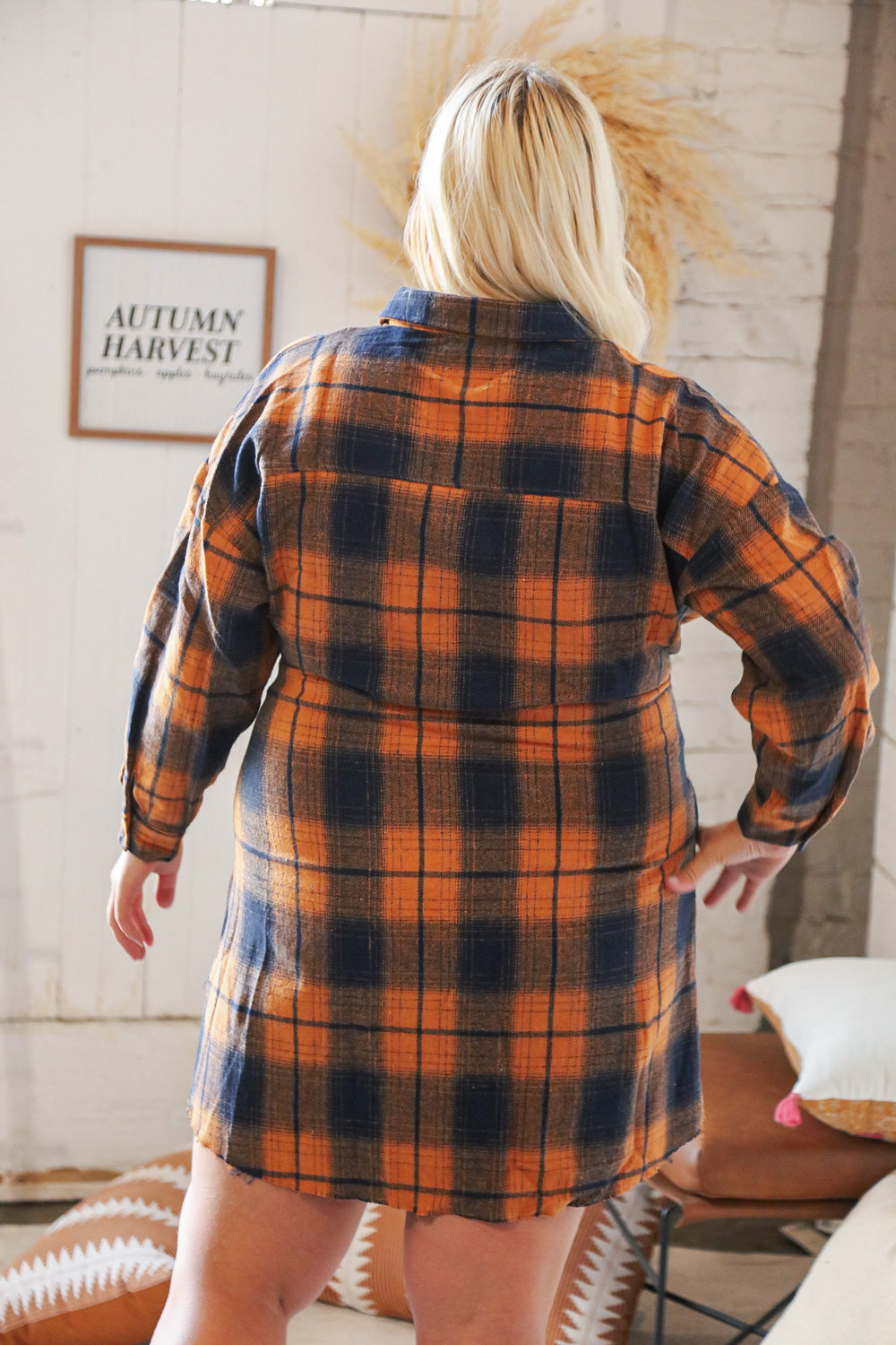 Navy/Rust Plaid Cotton Flannel Button Down Waist Tie Dress