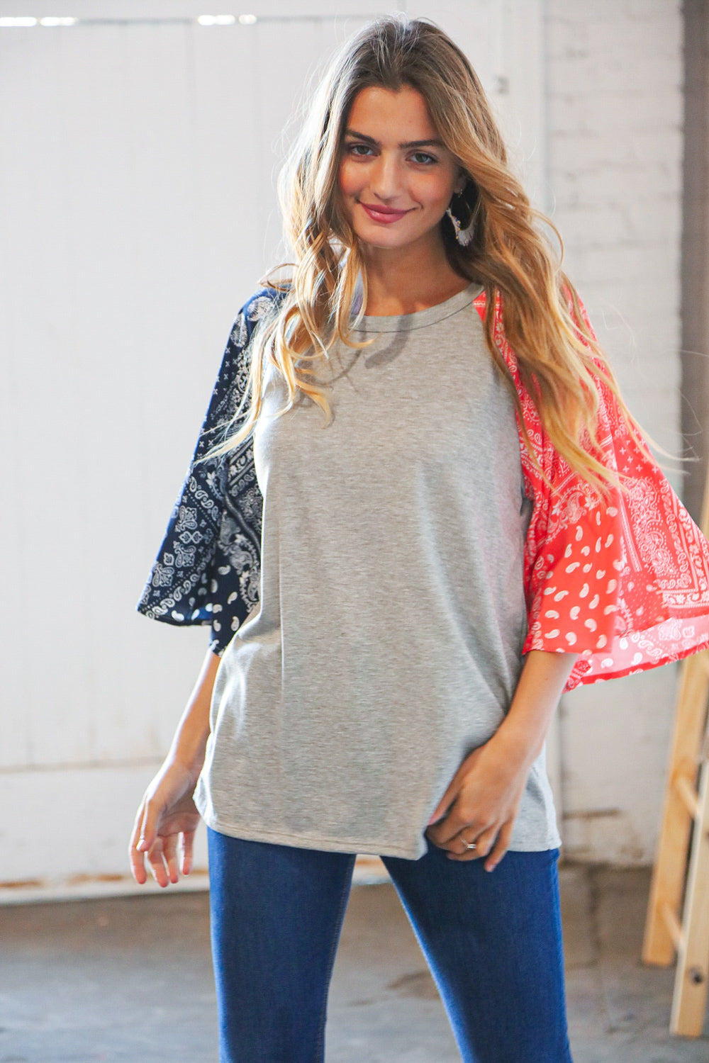 Patriotic Raglan Scarf Bell Sleeve Top