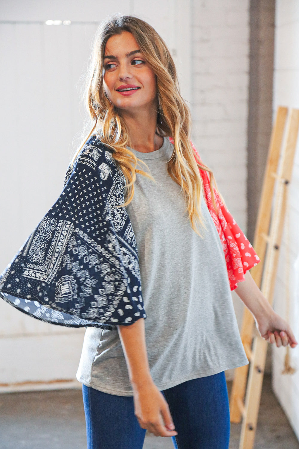 Patriotic Raglan Scarf Bell Sleeve Top