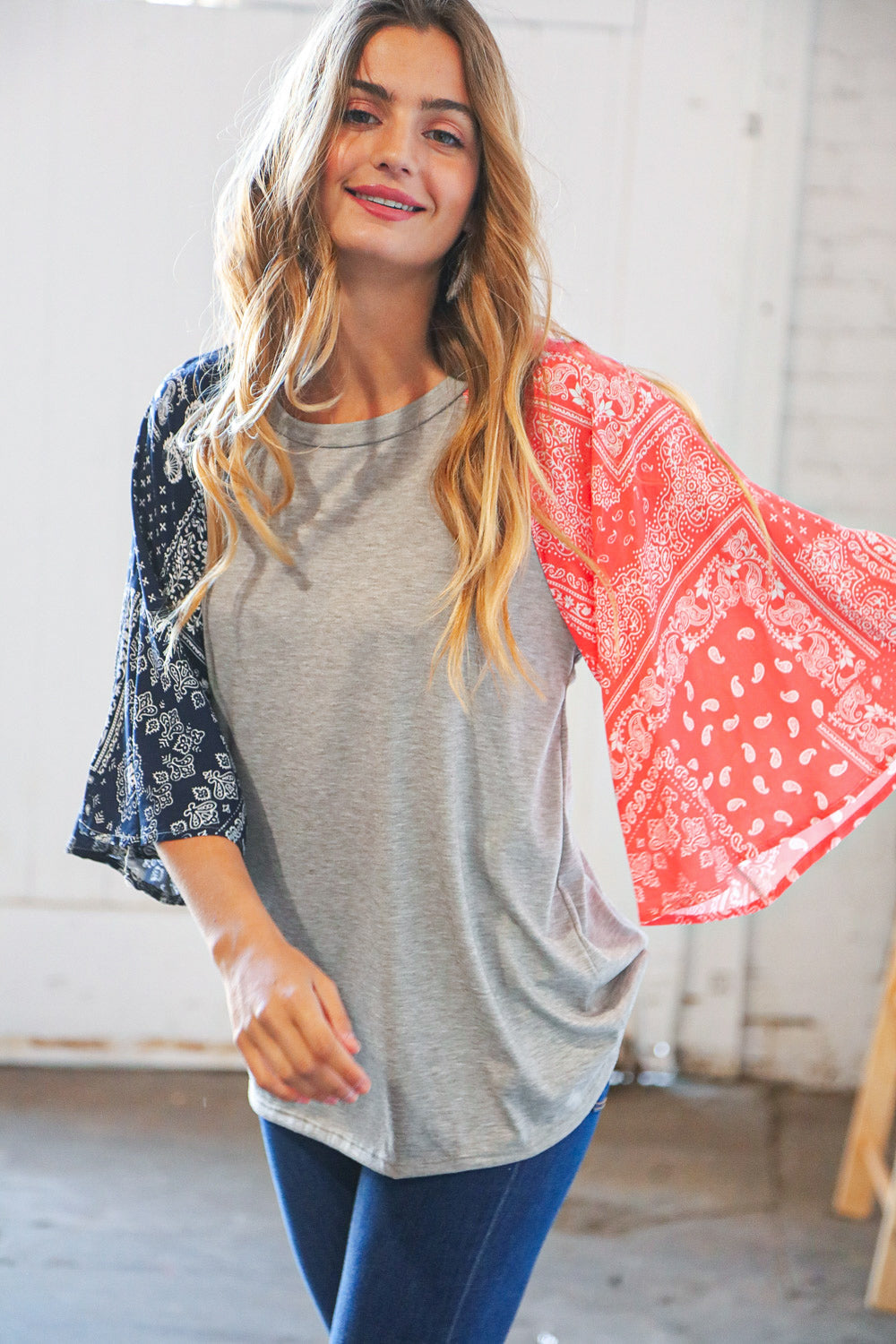 Patriotic Raglan Scarf Bell Sleeve Top