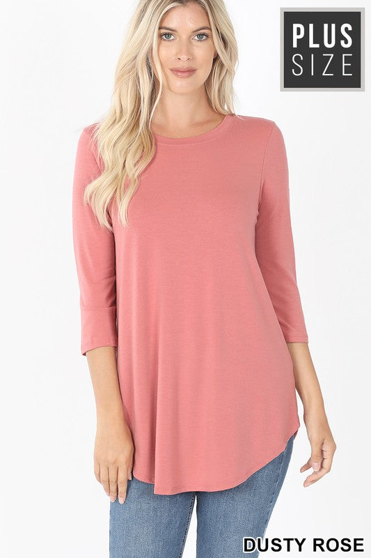 Dusty Rose 3/4 Sleeve Round Neck & Round Hem Top