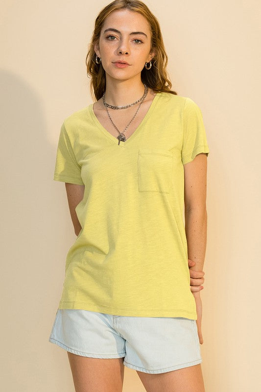 Sunshine Yellow V-Neck Short Sleeve T-Shirt with Pocket