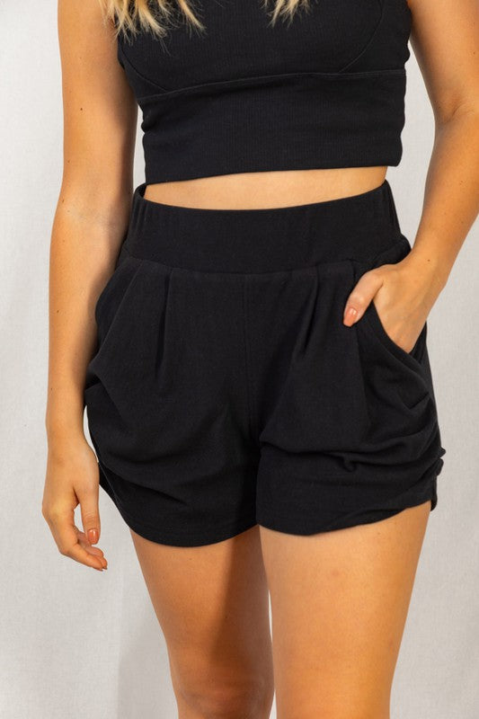 High Waisted Ruched Fleece Harem Shorts