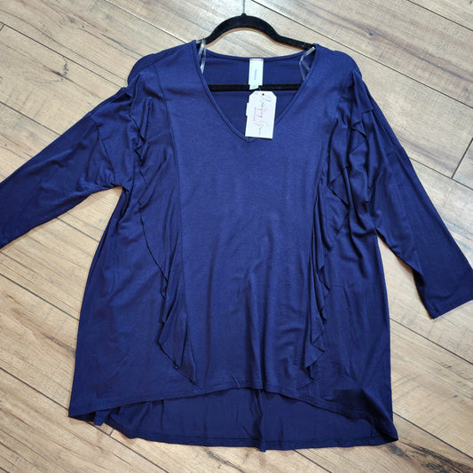 Navy Ruffle 3/4 Sleeve Top