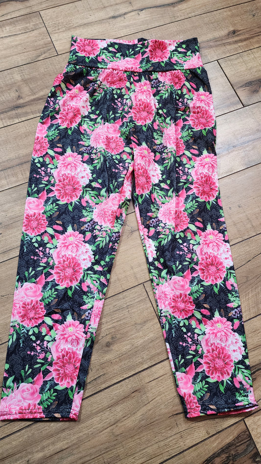 Black & Pink Floral Mom Leggings