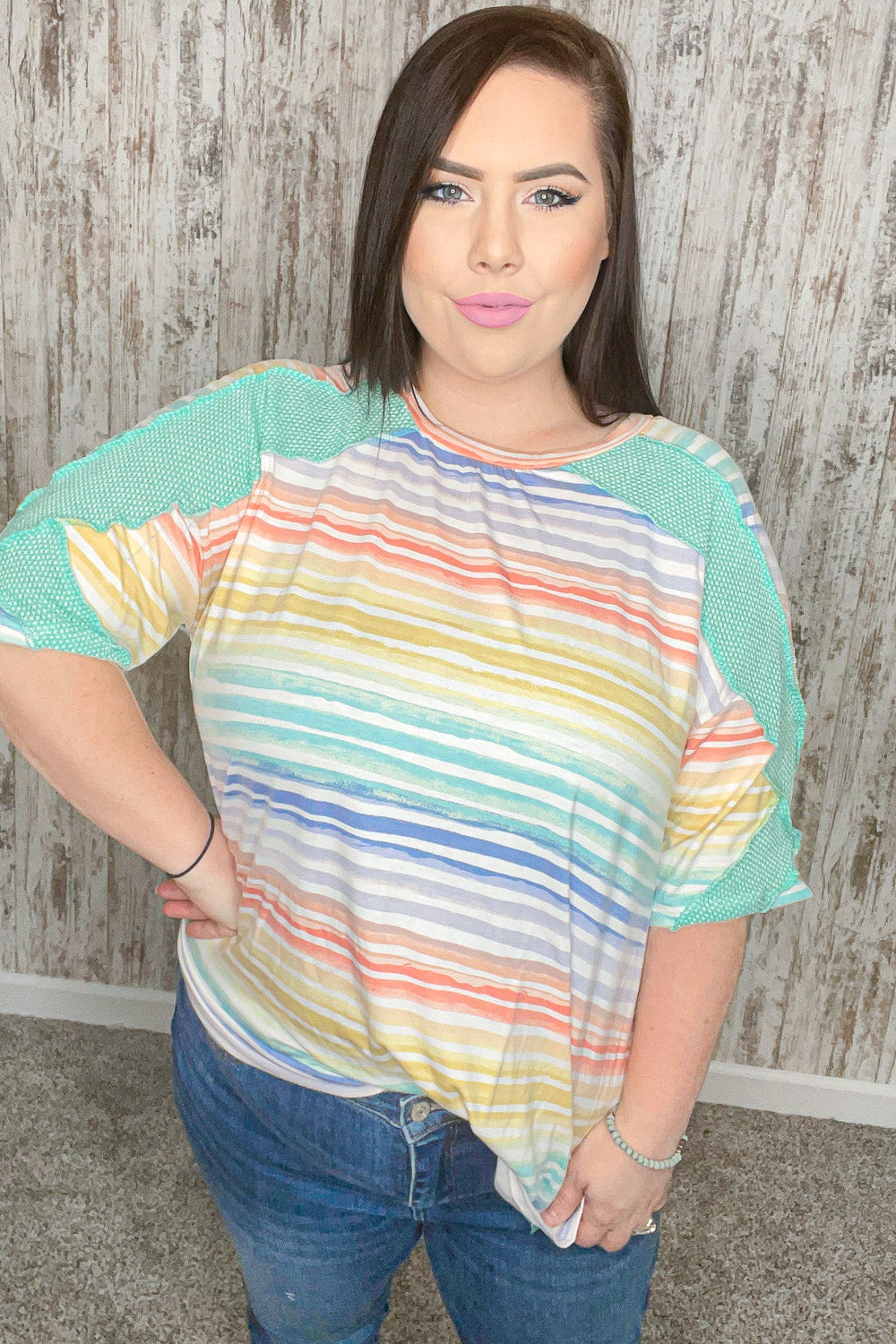 Multicolor Stripe Cross Detail Thermal Outseam Top