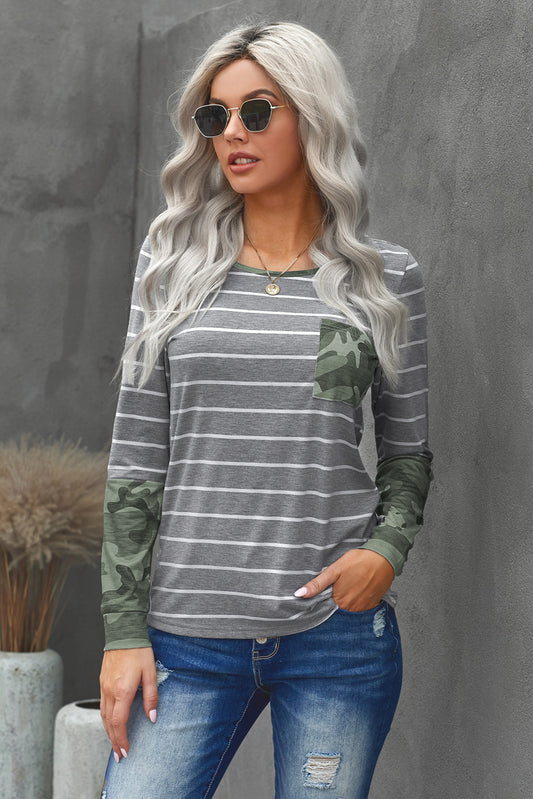 Camouflage Striped Round Neck Top