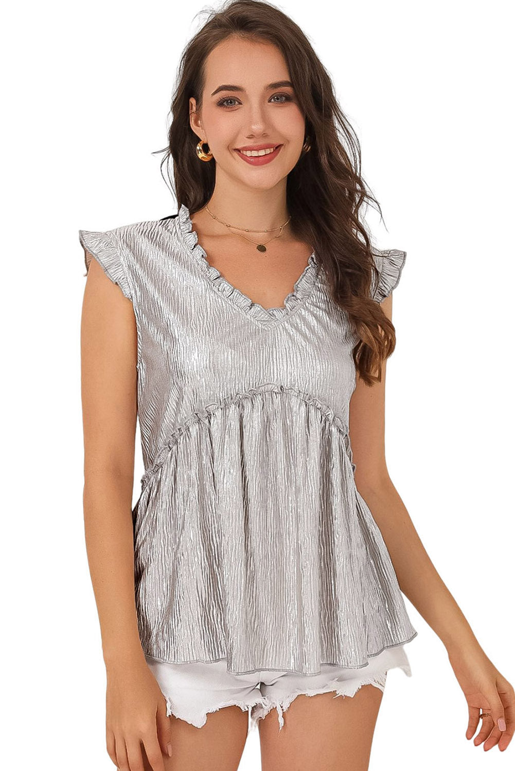 Frill Trim V-Neck Metallic Blouse