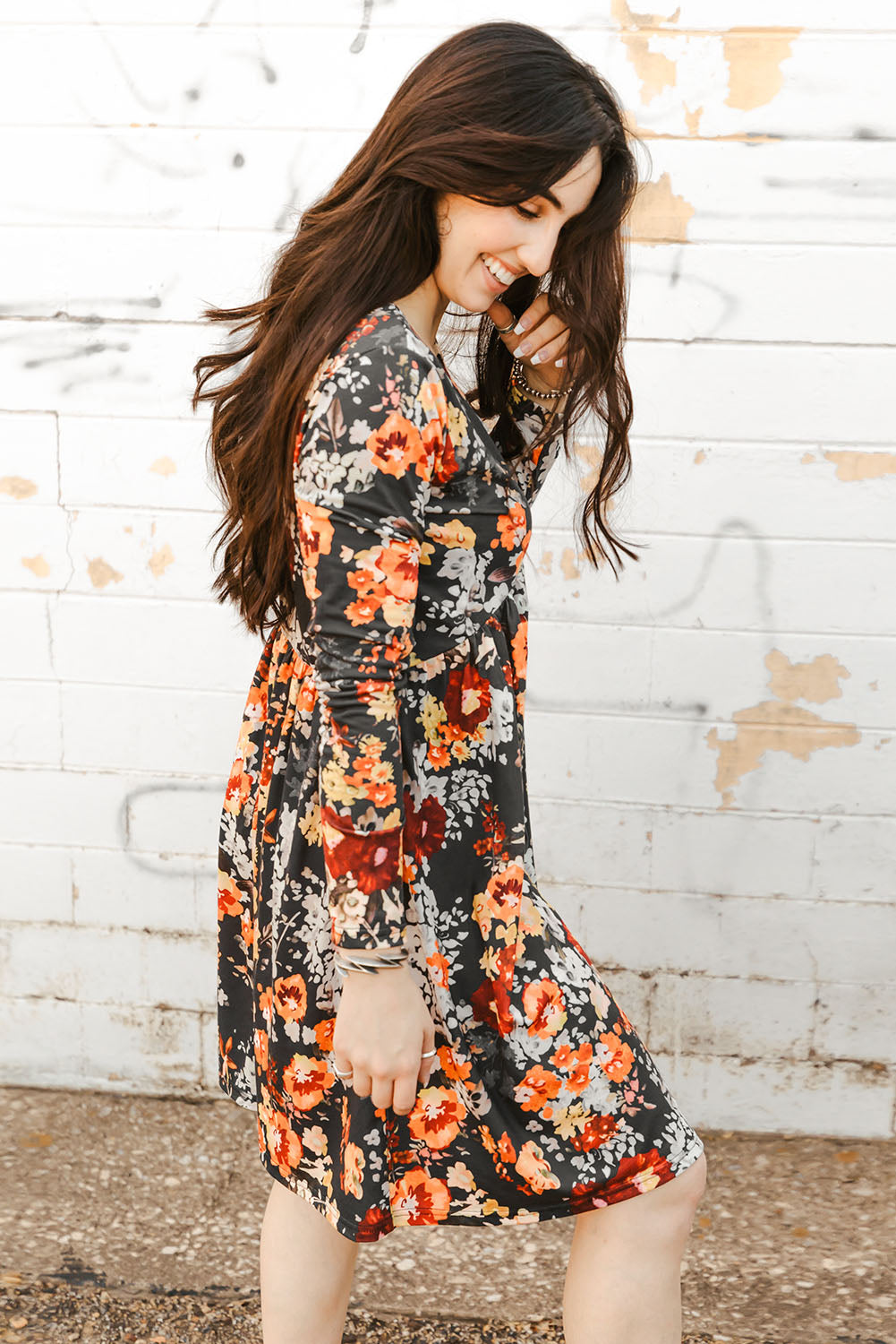 Floral Print Scoop Neck Long Sleeve Dress