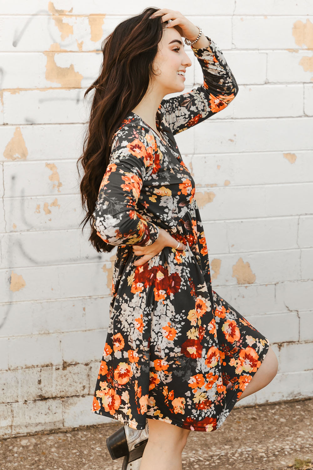 Floral Print Scoop Neck Long Sleeve Dress