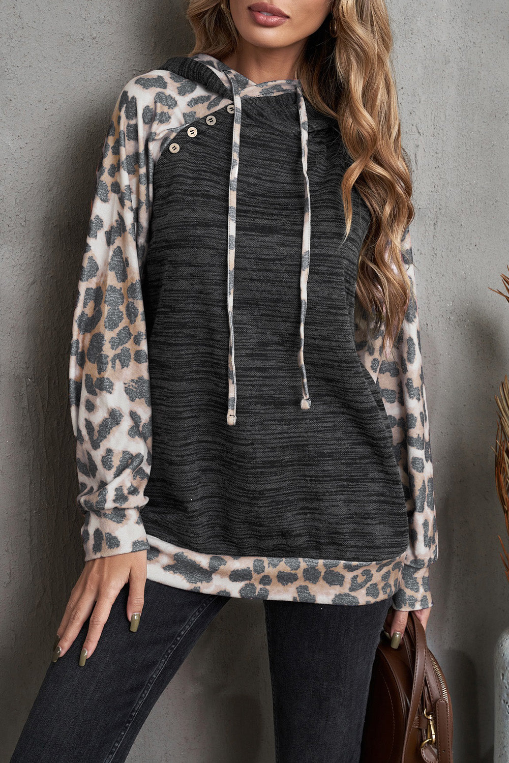 Leopard Color Block Raglan Sleeve Hoodie