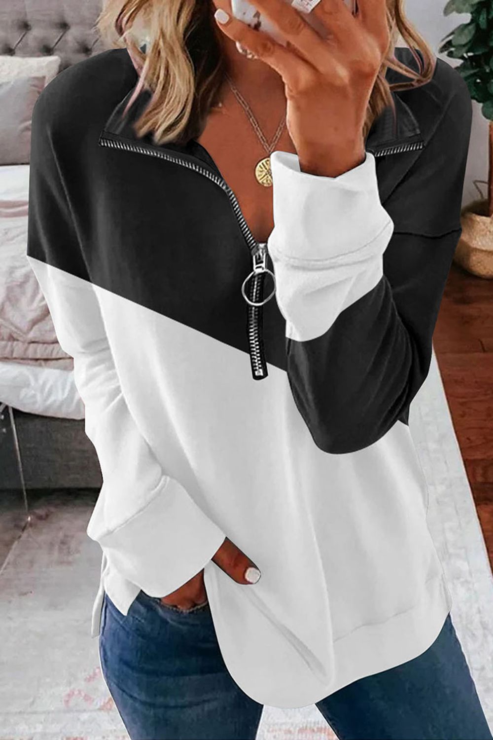 Contrast Zip-Up Collared Neck Dropped Shoulder Blouse