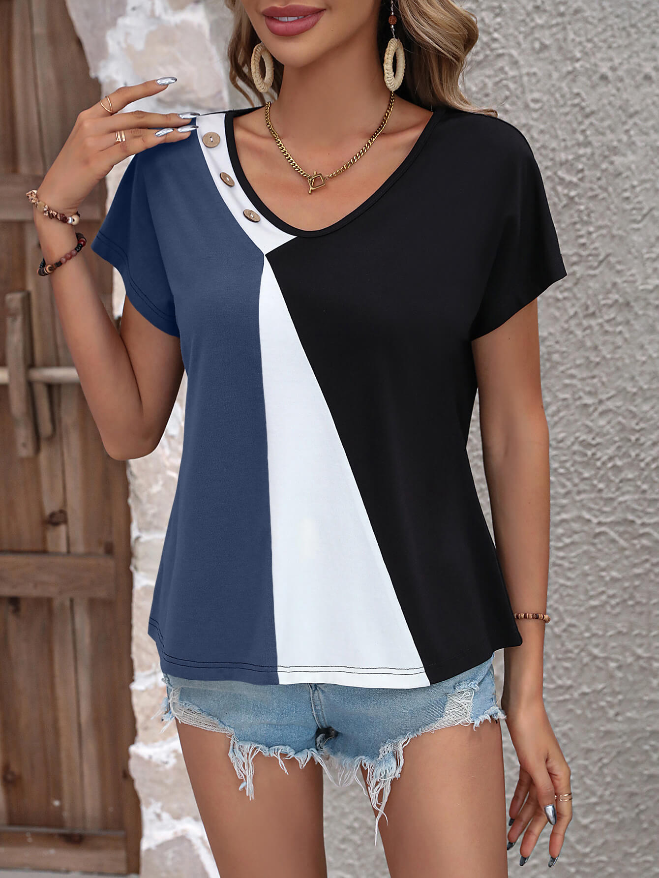 Color Block Decorative Button V-Neck Tee