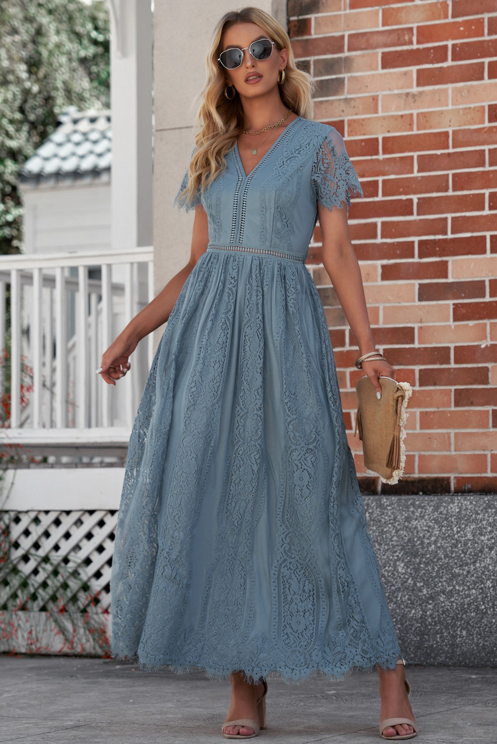 Scalloped Trim Lace Plunge Dress