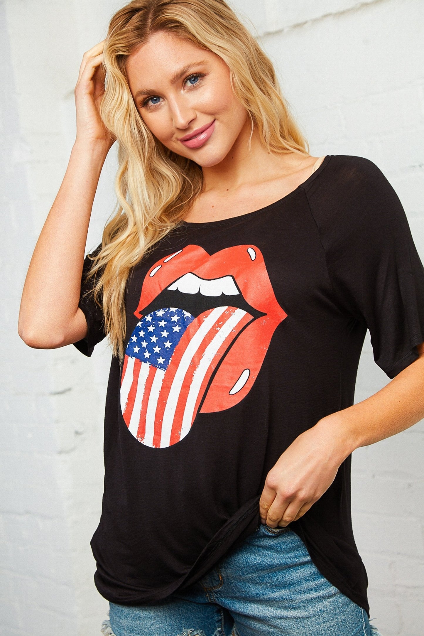 Black Boat Neck Patriotic Graphic Tee