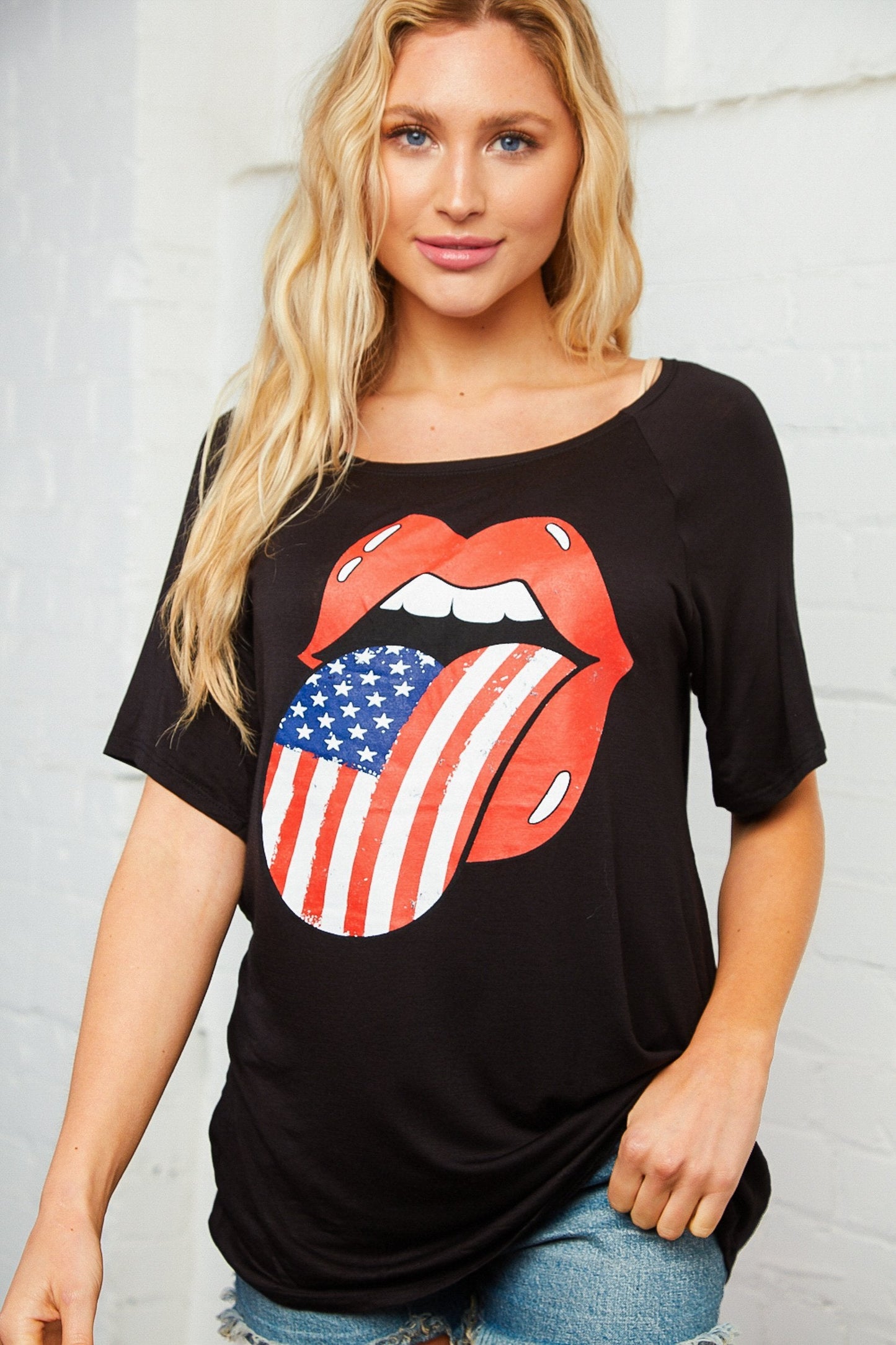 Black Boat Neck Patriotic Graphic Tee