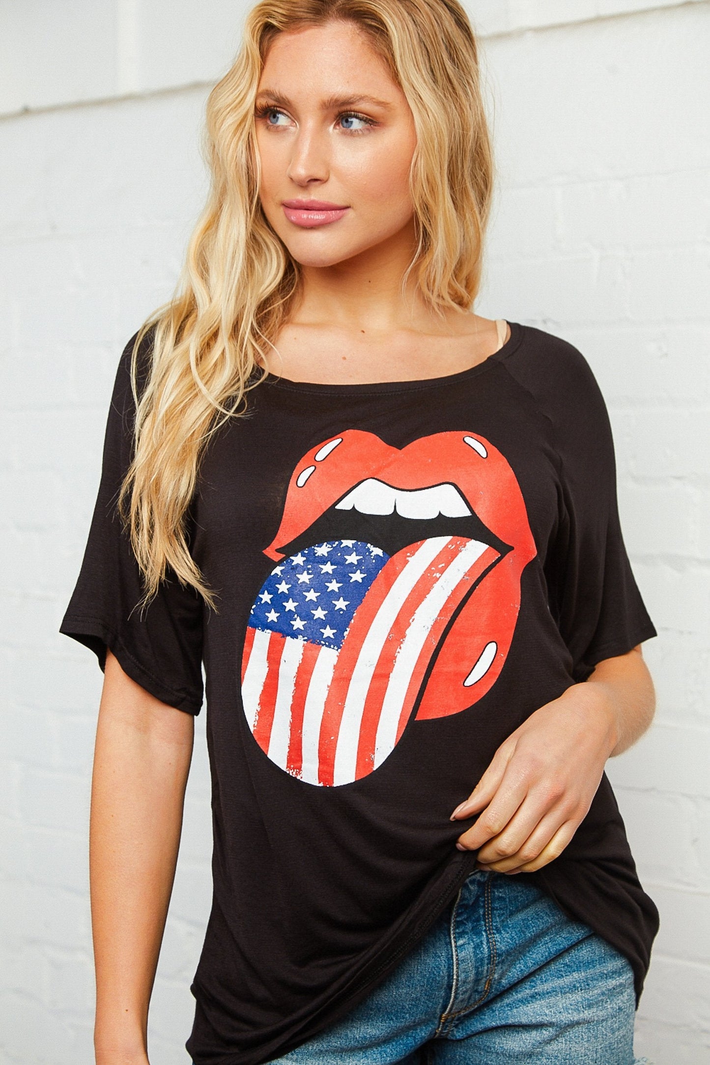 Black Boat Neck Patriotic Graphic Tee