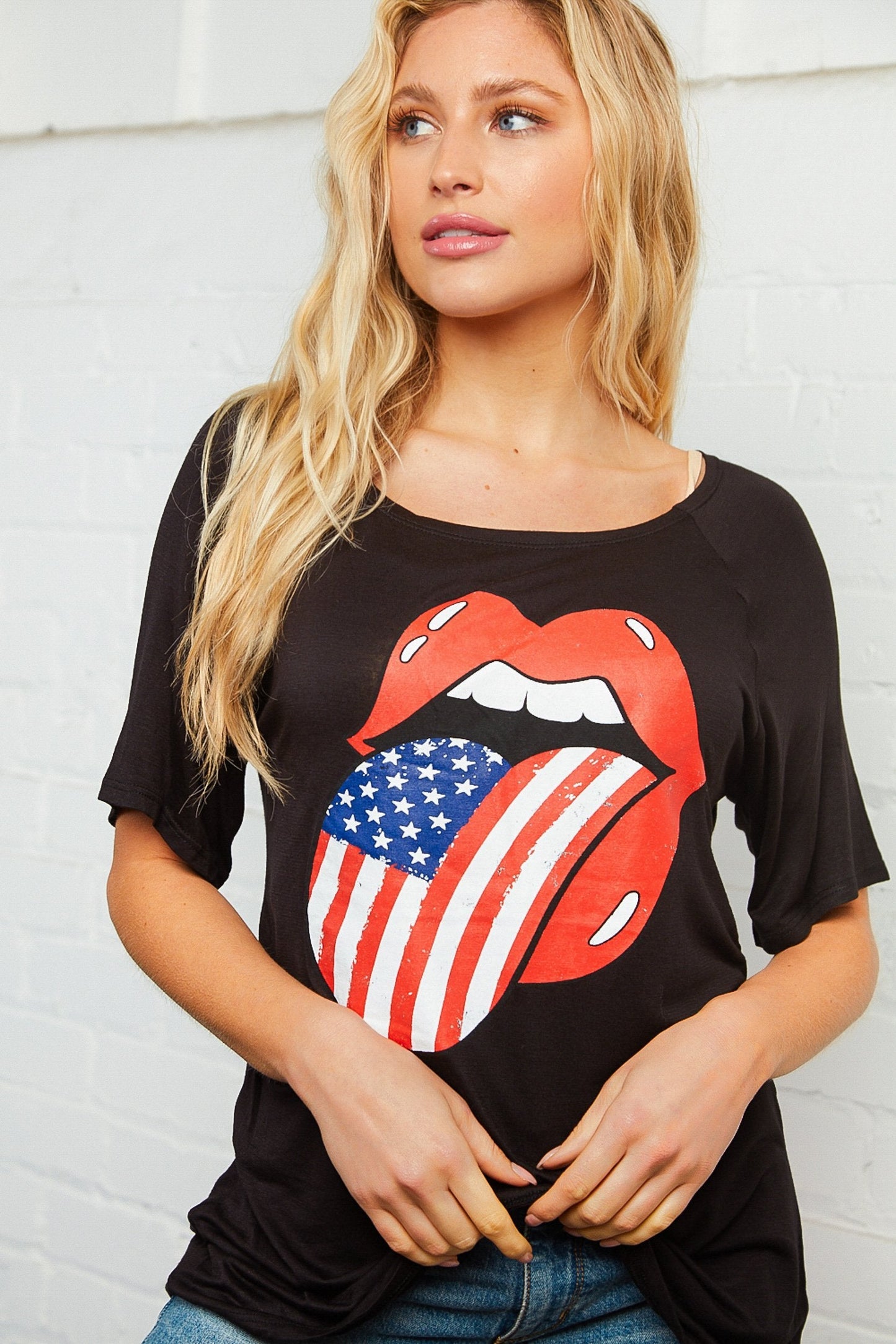 Black Boat Neck Patriotic Graphic Tee