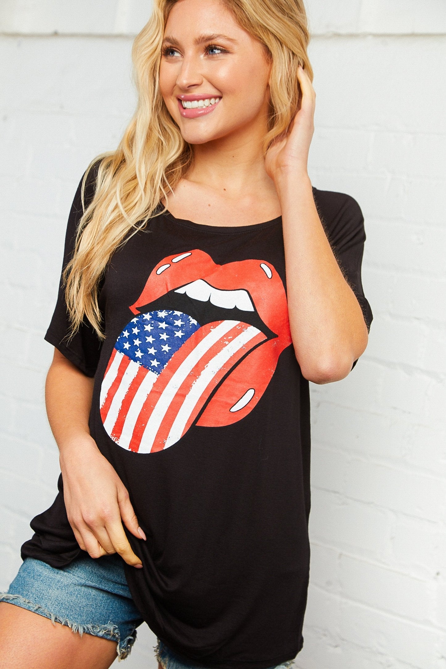 Black Boat Neck Patriotic Graphic Tee