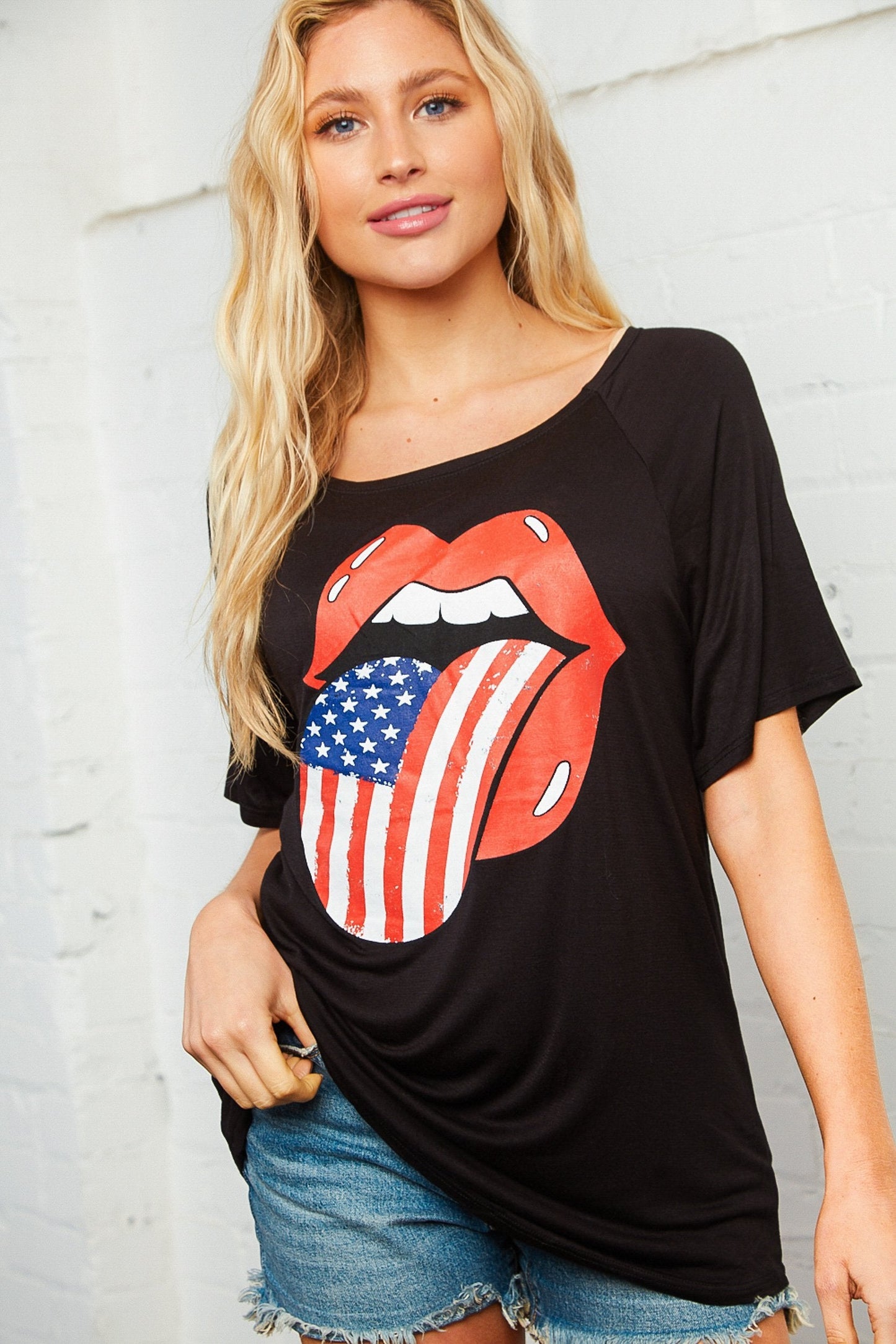 Black Boat Neck Patriotic Graphic Tee