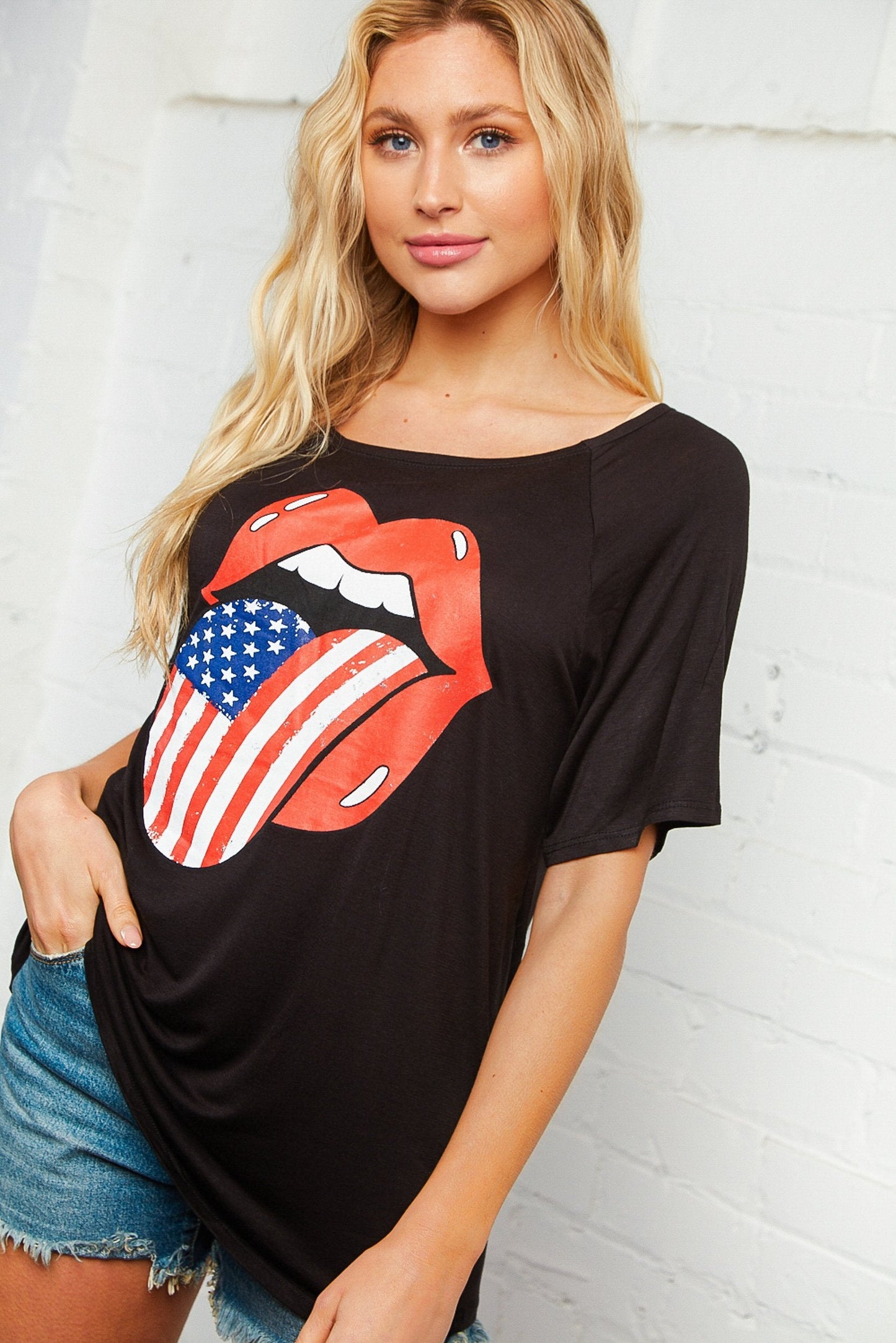 Black Boat Neck Patriotic Graphic Tee