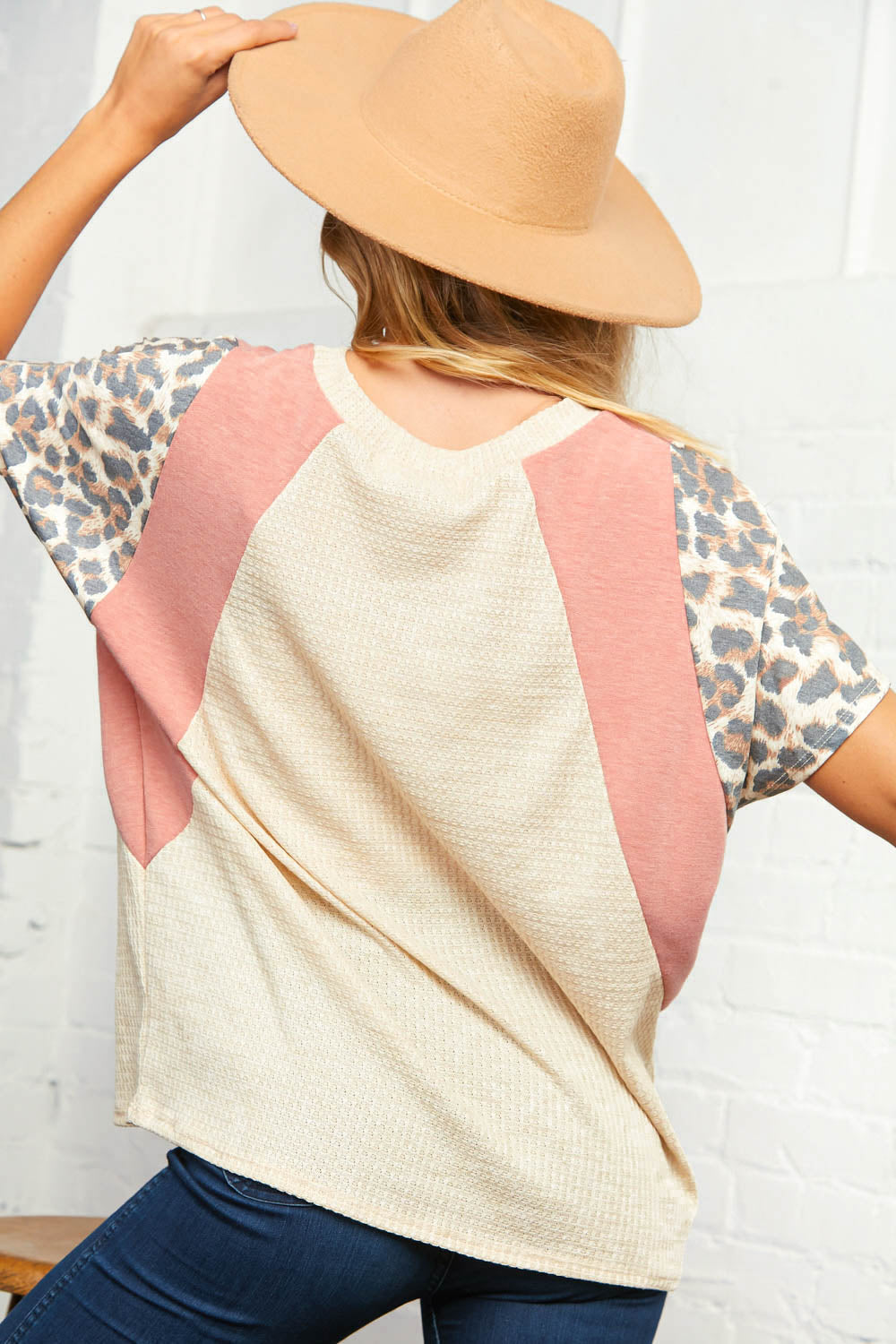 Waffle Knit Leopard Color Block Dolman Top