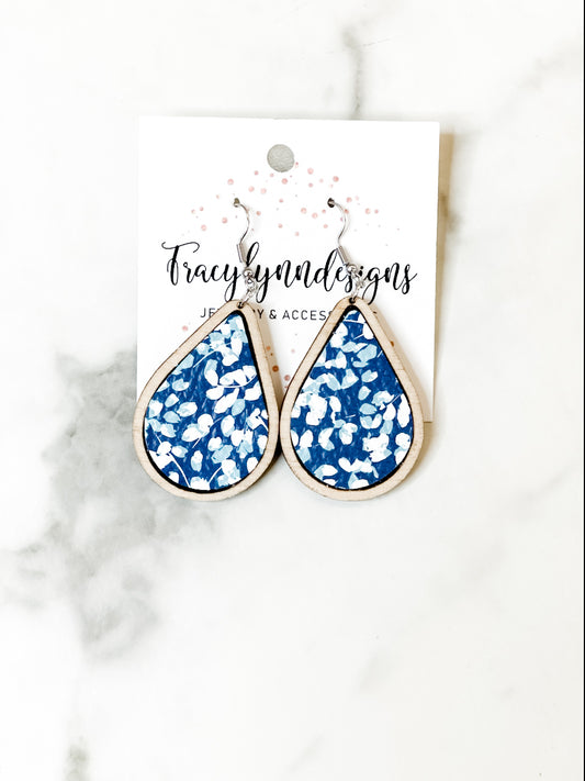 Teal Floral Wooden Teardrop Earrings