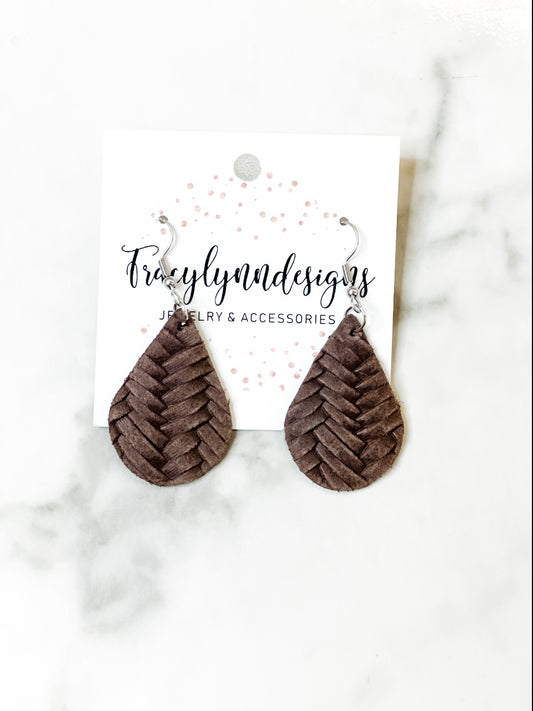 neutral braided, brown, small teardrop earrings