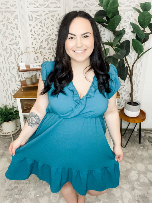 Plus Teal Ruffle Woven Dress