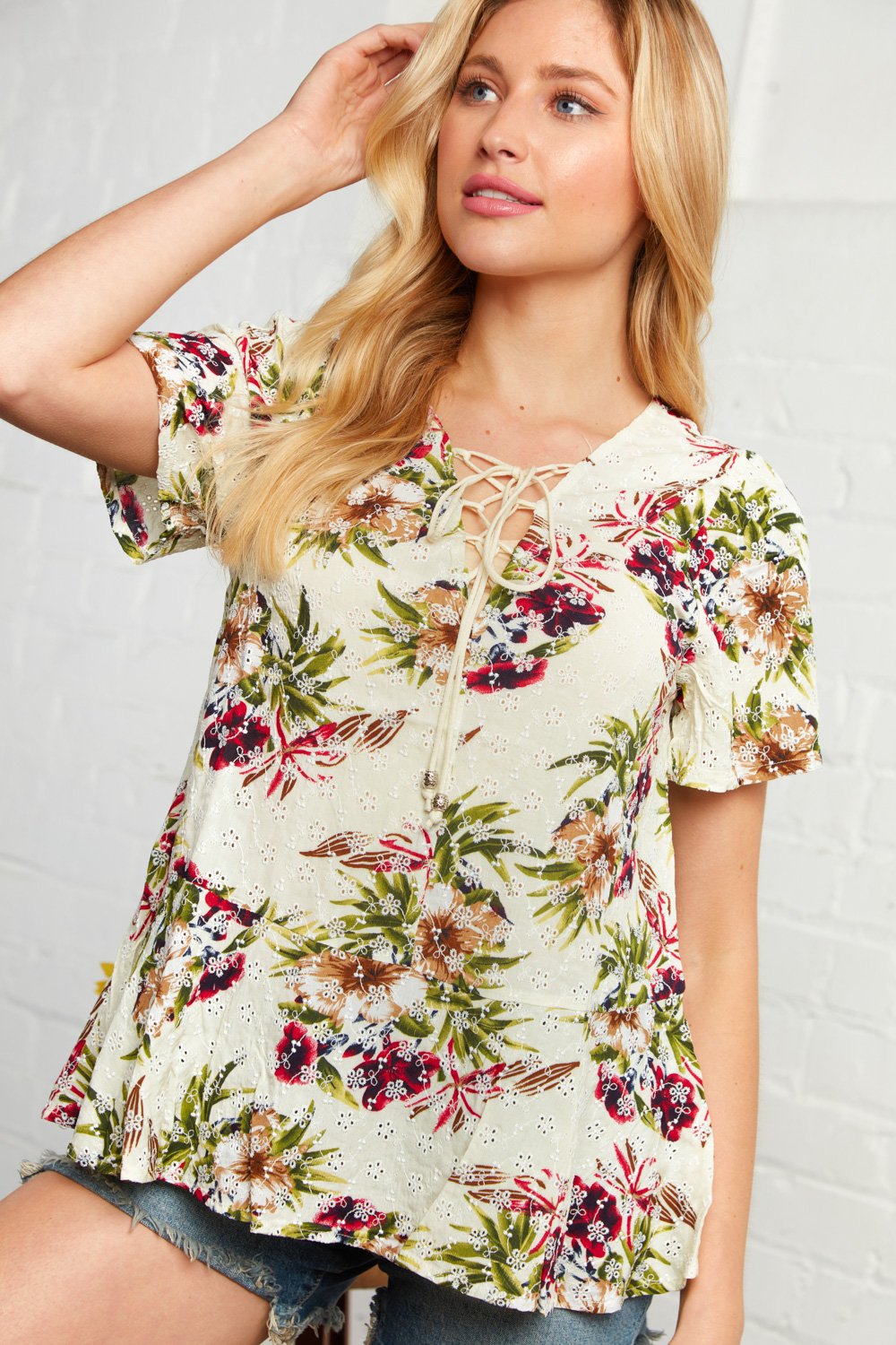 Natural Floral Front Tie Eyelet Blouse