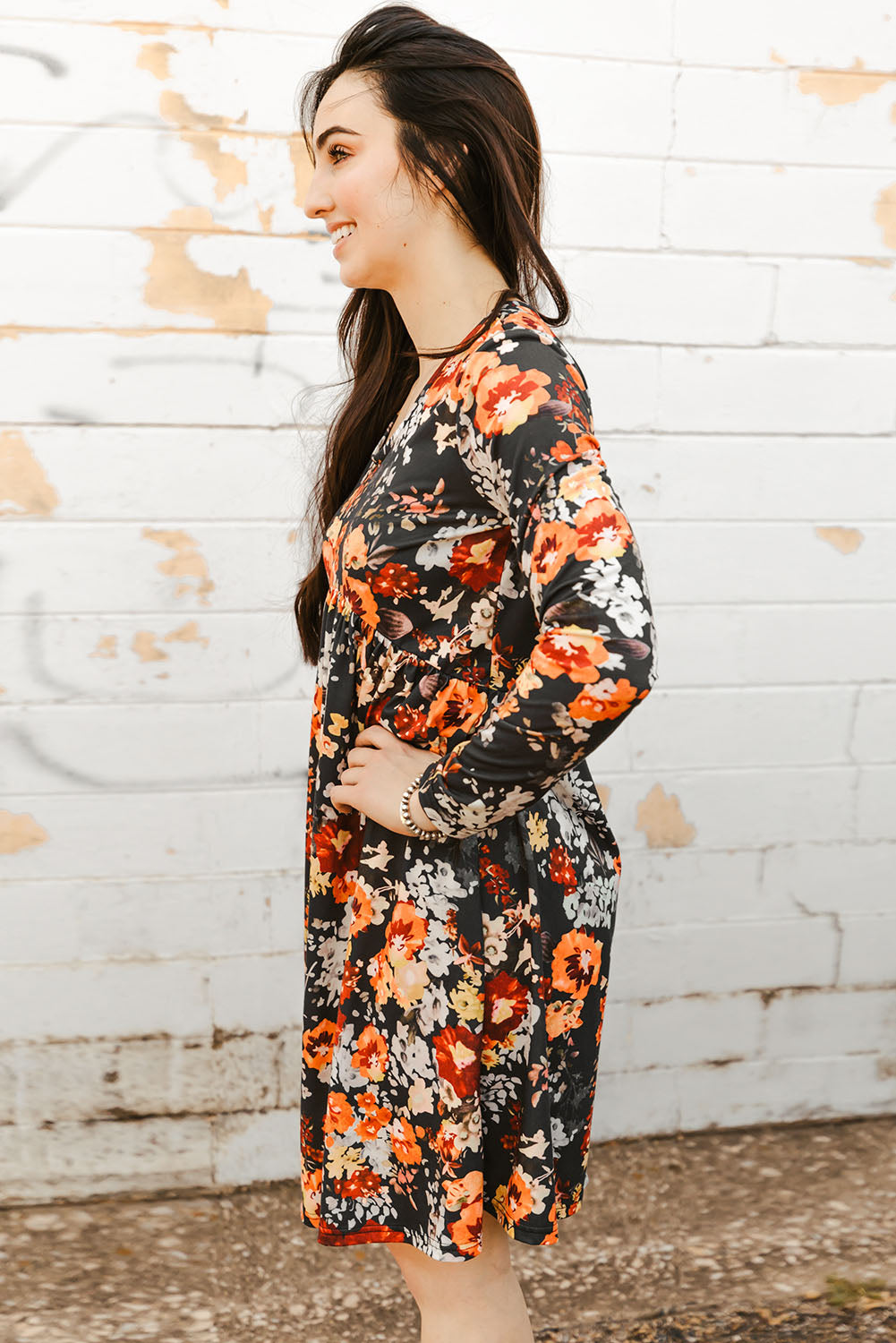 Floral Print Scoop Neck Long Sleeve Dress