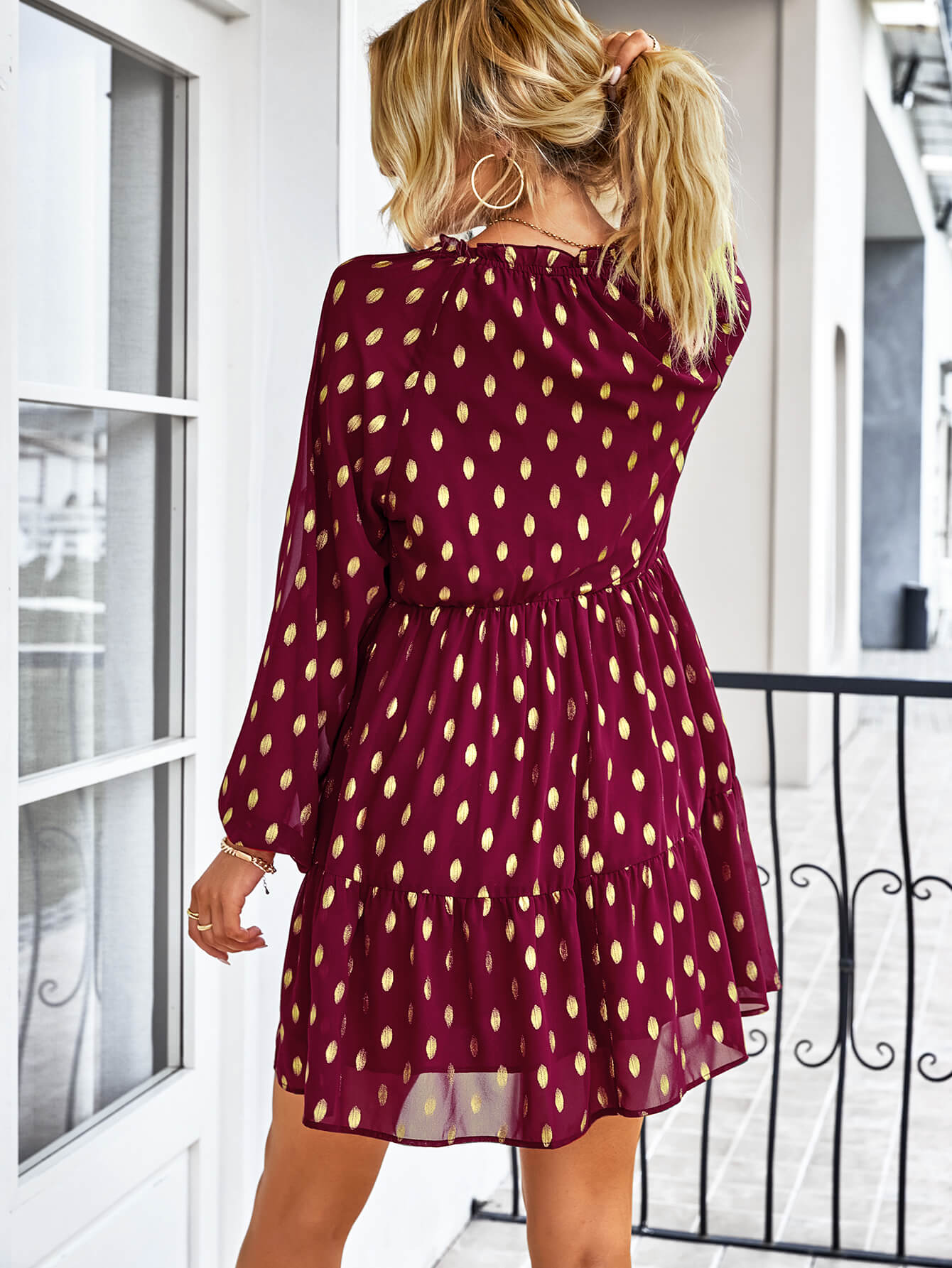 Dotted Tie-Neck Frill Trim Tiered Dress