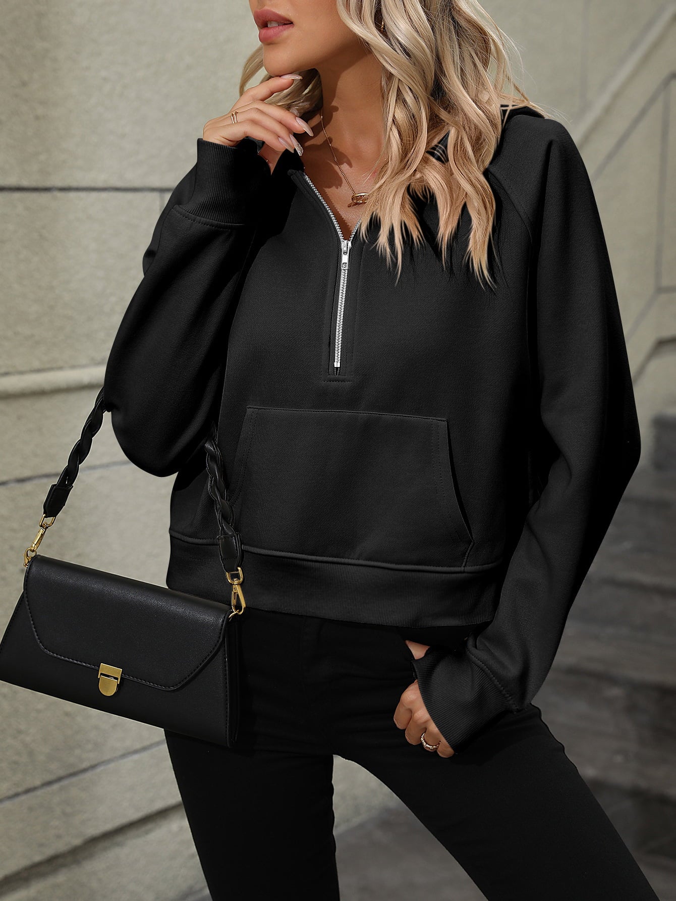 Raglan Sleeve Zip-Up Hoodie with Pocket