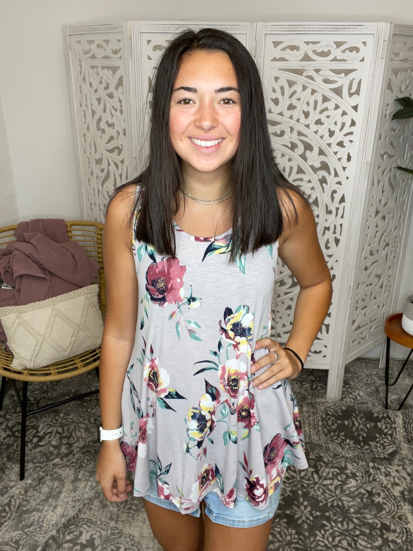 Grey Floral Crossed Back Top